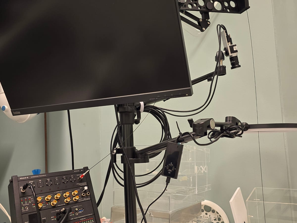 Fiber photometry setup with camera, optical patch cords and recording console